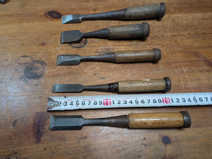 Rare Japanese Steel Chisels Signed Set of 5 Antique Woodworking Tools