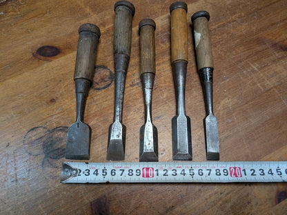 Rare Japanese Steel Chisels Signed Set of 5 Antique Woodworking Tools