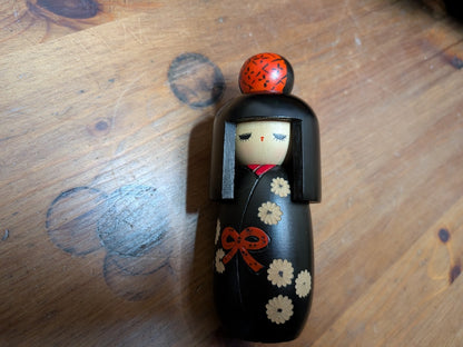 Vintage 1970s Japanese Kokeshi Doll Handmade Wooden Kimono Girl