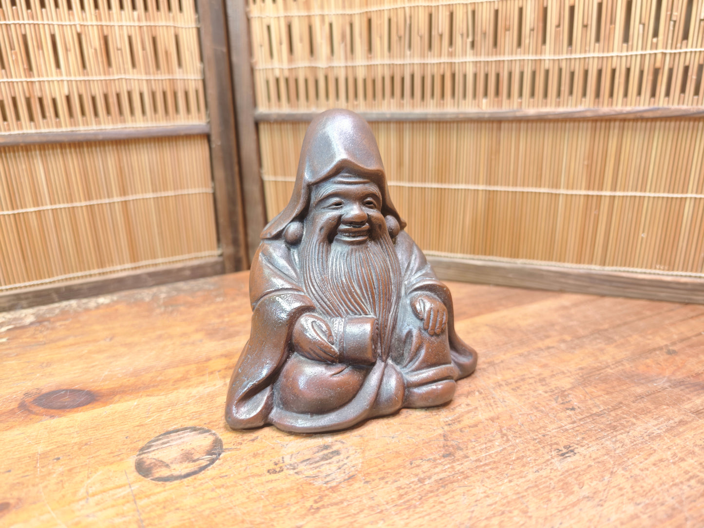 Japanese Vintage 1940s Bizen Ware Okimono Jurōjin Lucky God Sculpture