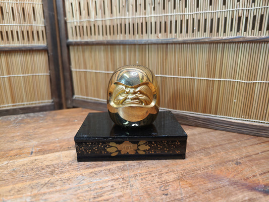 Japanese Vintage Gold Color Brass Daruma w/ Lacquered Kadai Stand