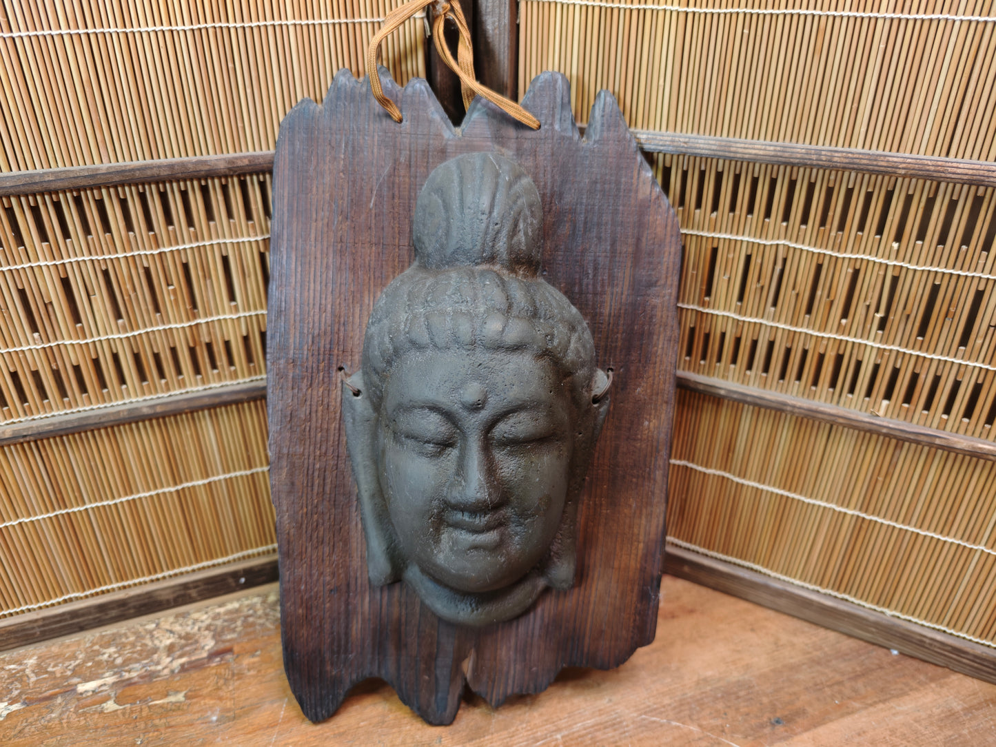 Japanese Vintage Kannon Buddha Mask Steel on Yakisugi Wood Auction JP