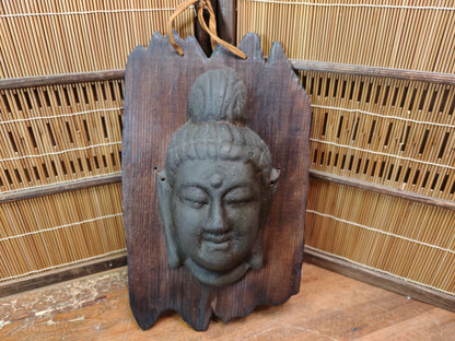 Japanese Vintage Kannon Buddha Mask Steel on Yakisugi Wood Auction JP
