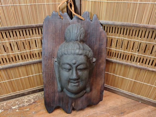 Japanese Vintage Kannon Buddha Mask Steel on Yakisugi Wood Auction JP