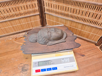 Japanese Vintage Kannon Buddha Mask Steel on Yakisugi Wood Auction JP