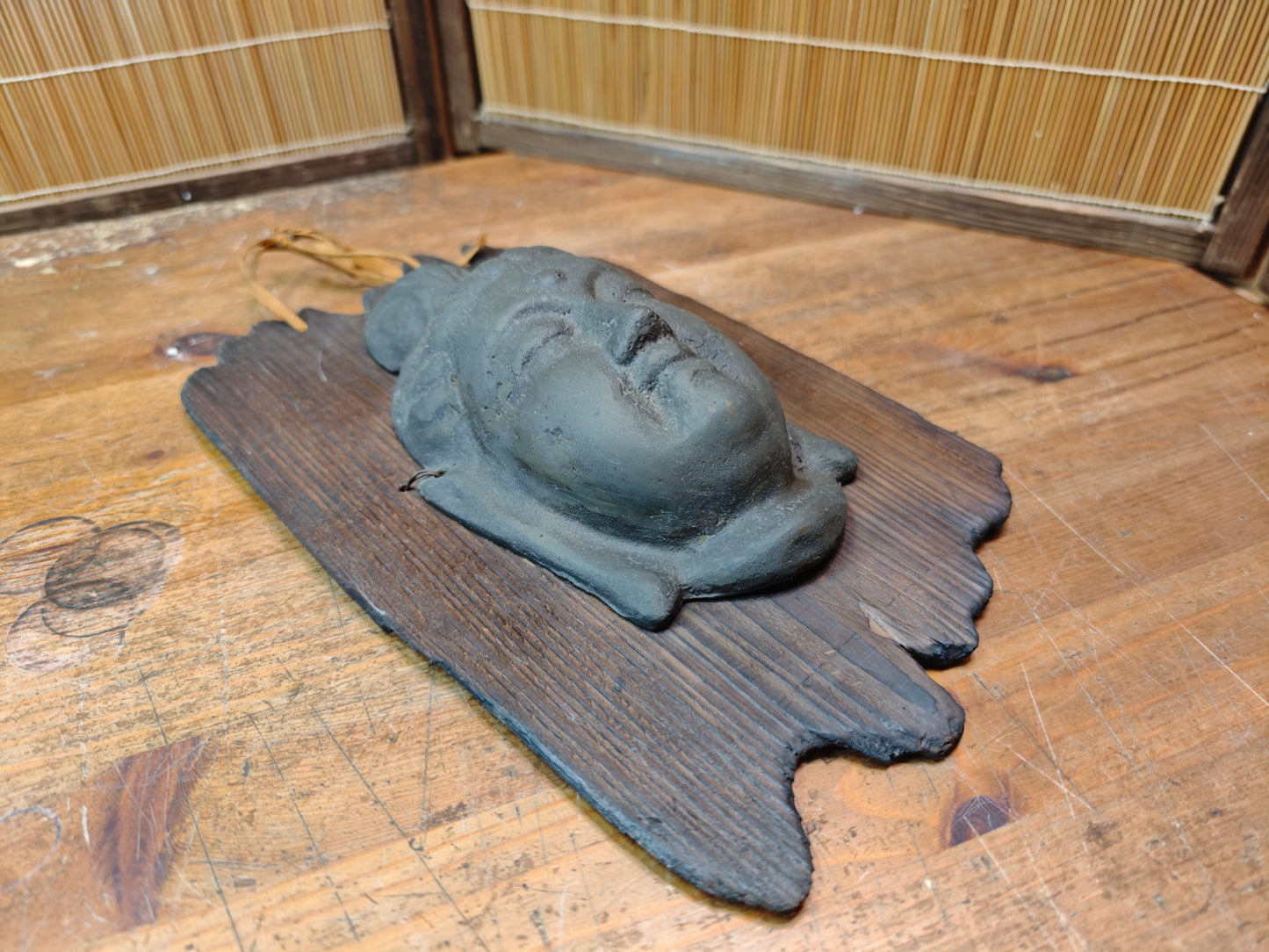 Japanese Vintage Kannon Buddha Mask Steel on Yakisugi Wood Auction JP
