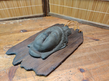 Japanese Vintage Kannon Buddha Mask Steel on Yakisugi Wood Auction JP