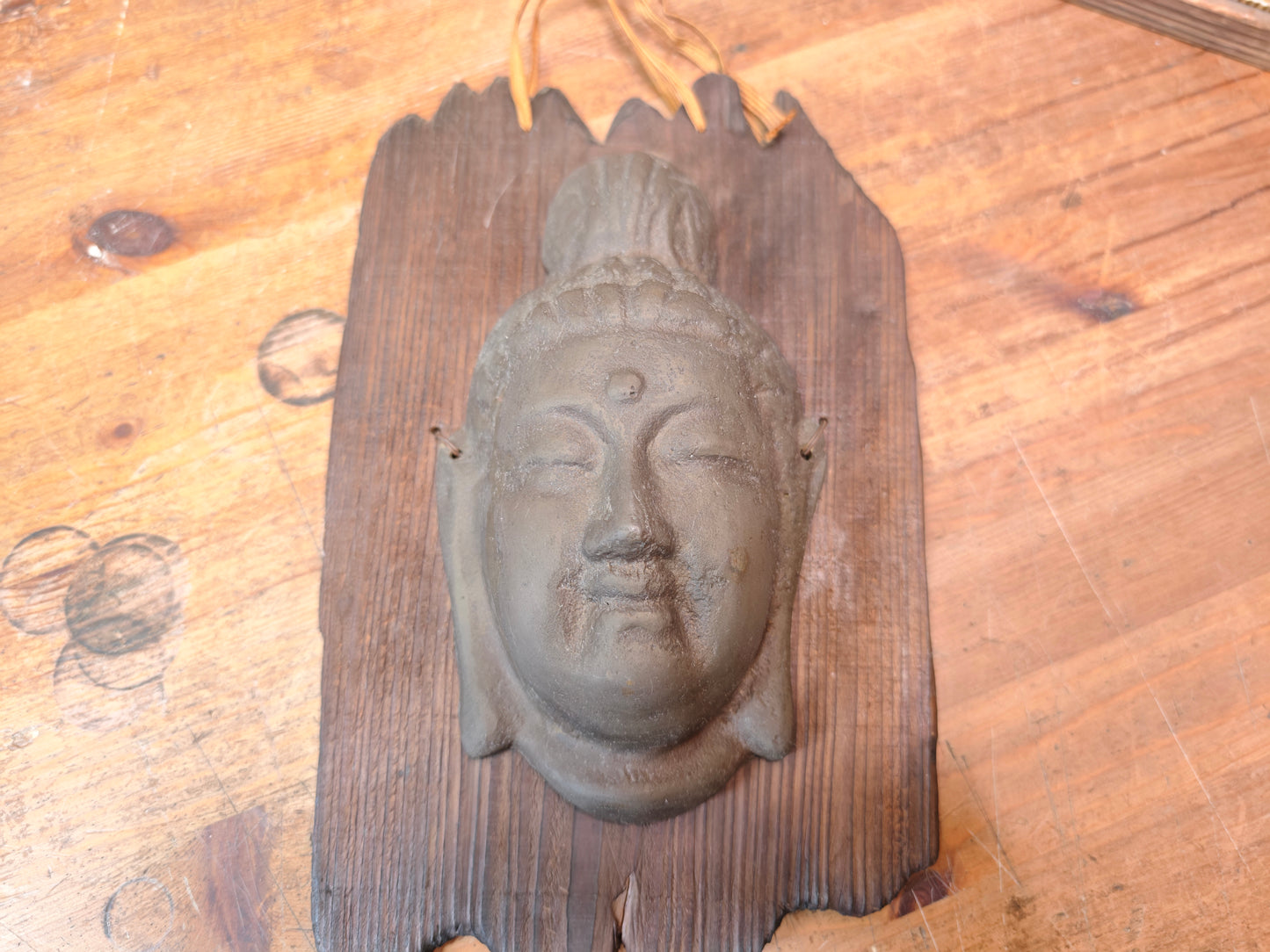 Japanese Vintage Kannon Buddha Mask Steel on Yakisugi Wood Auction JP