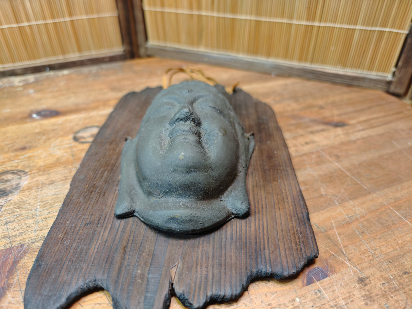 Japanese Vintage Kannon Buddha Mask Steel on Yakisugi Wood Auction JP