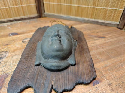 Japanese Vintage Kannon Buddha Mask Steel on Yakisugi Wood Auction JP