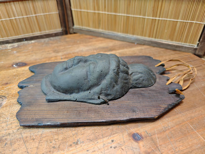 Japanese Vintage Kannon Buddha Mask Steel on Yakisugi Wood Auction JP