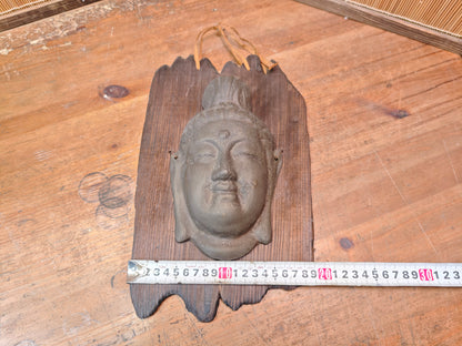 Japanese Vintage Kannon Buddha Mask Steel on Yakisugi Wood Auction JP