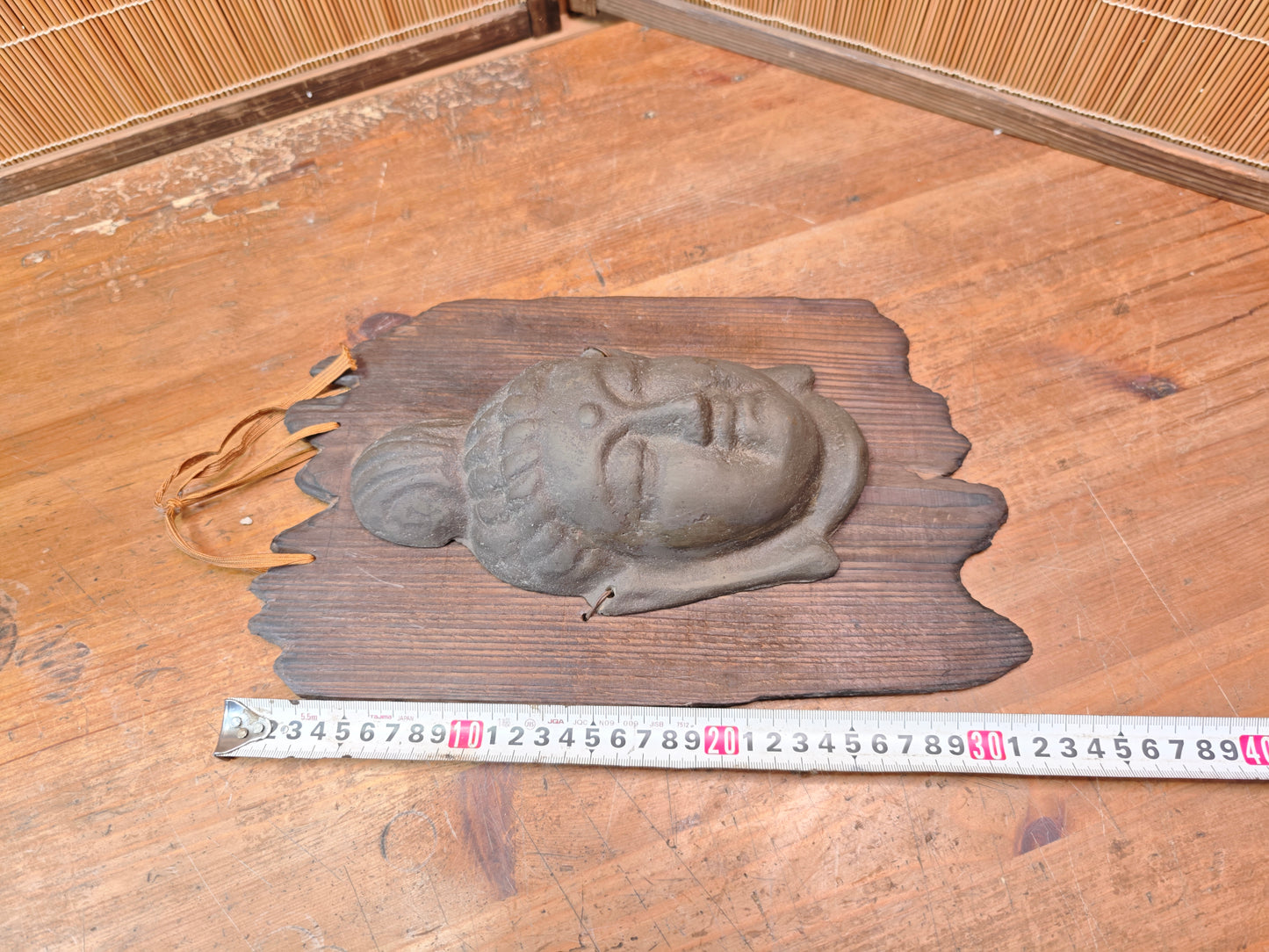 Japanese Vintage Kannon Buddha Mask Steel on Yakisugi Wood Auction JP