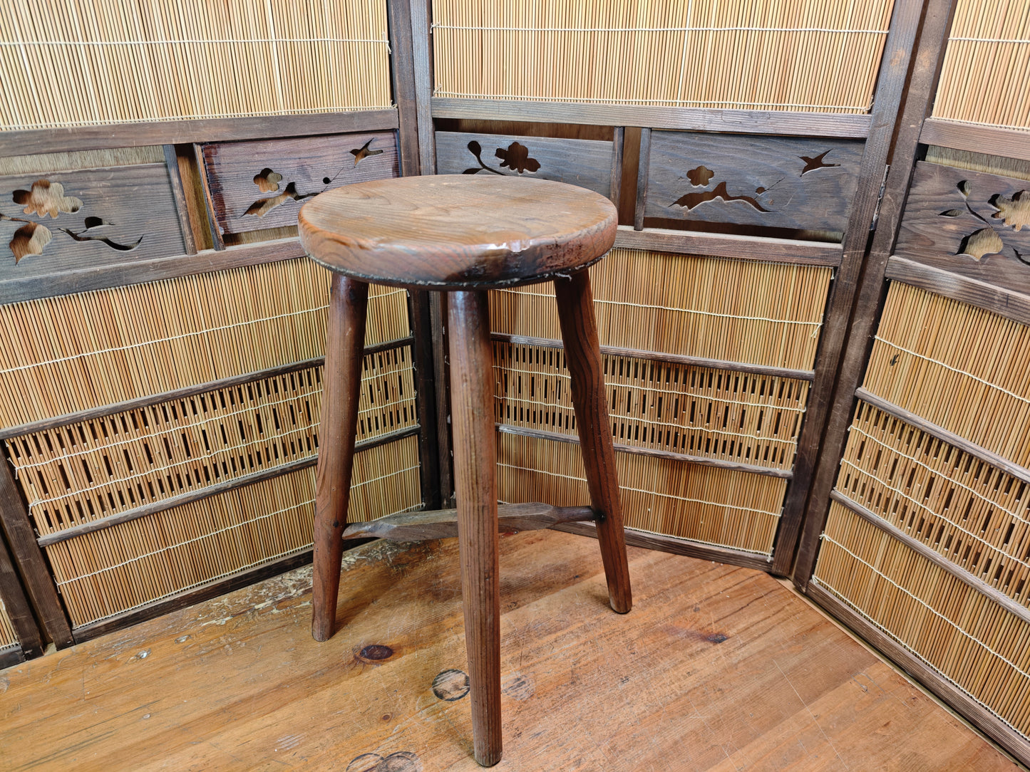 1950s Japanese Sugi Cedar Wooden Stool Handmade Wabi Sabi Rustic Chair