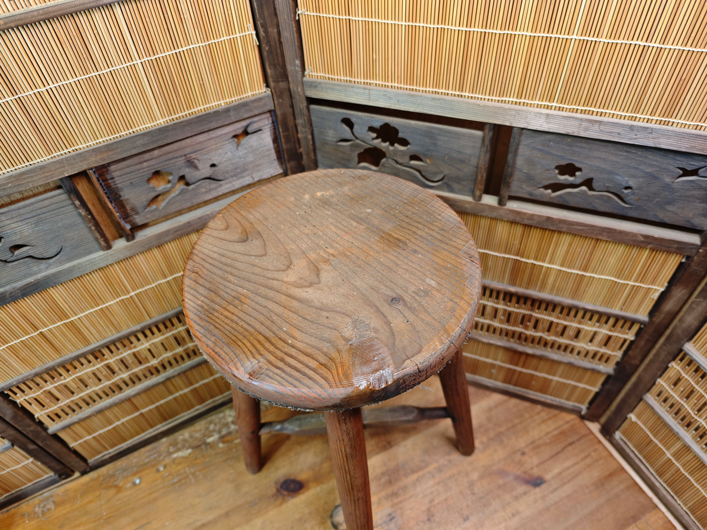 1950s Japanese Sugi Cedar Wooden Stool Handmade Wabi Sabi Rustic Chair