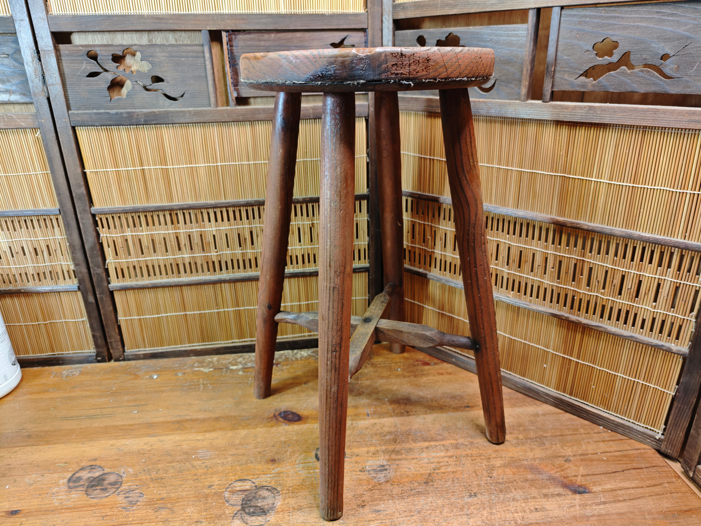 1950s Japanese Sugi Cedar Wooden Stool Handmade Wabi Sabi Rustic Chair