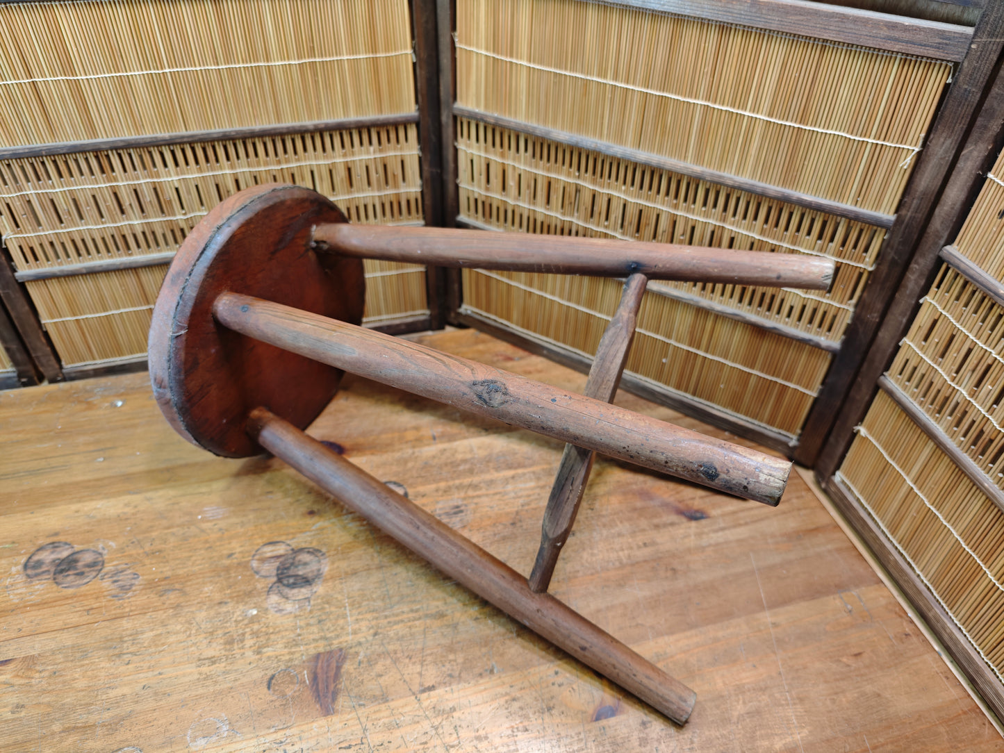 1950s Japanese Sugi Cedar Wooden Stool Handmade Wabi Sabi Rustic Chair