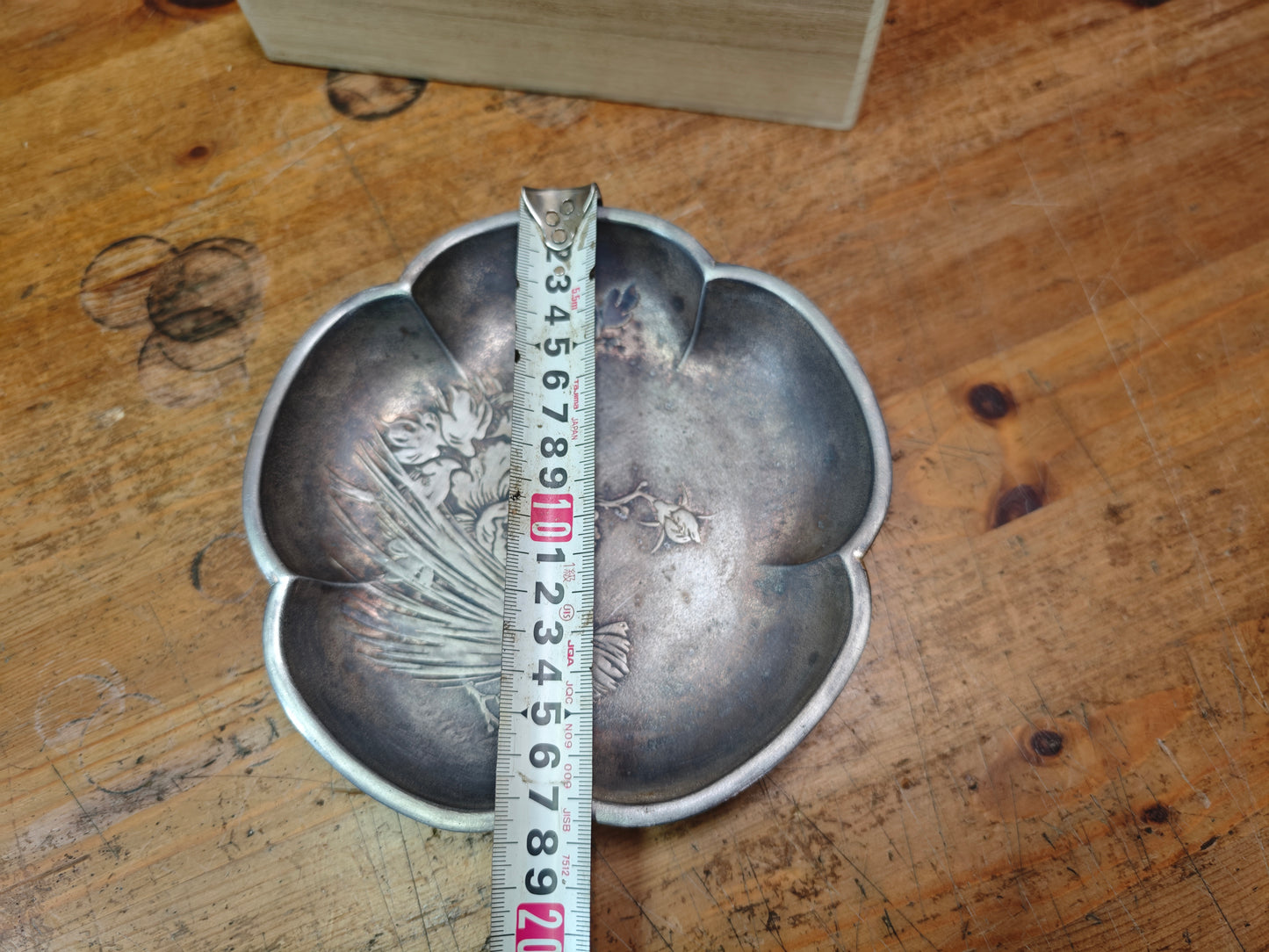 1950s Japanese Nambu Iwachu Pewter Dish Wooden Box Floral Metal Bowl