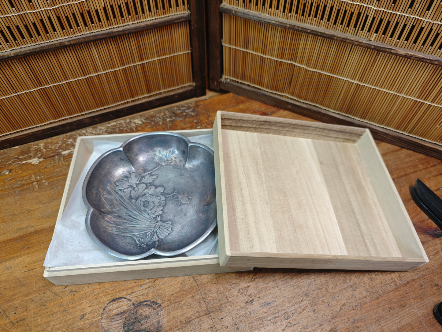 1950s Japanese Nambu Iwachu Pewter Dish Wooden Box Floral Metal Bowl