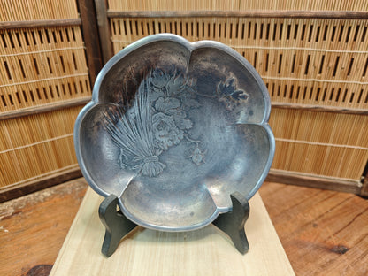 1950s Japanese Nambu Iwachu Pewter Dish Wooden Box Floral Metal Bowl