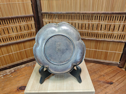 1950s Japanese Nambu Iwachu Pewter Dish Wooden Box Floral Metal Bowl