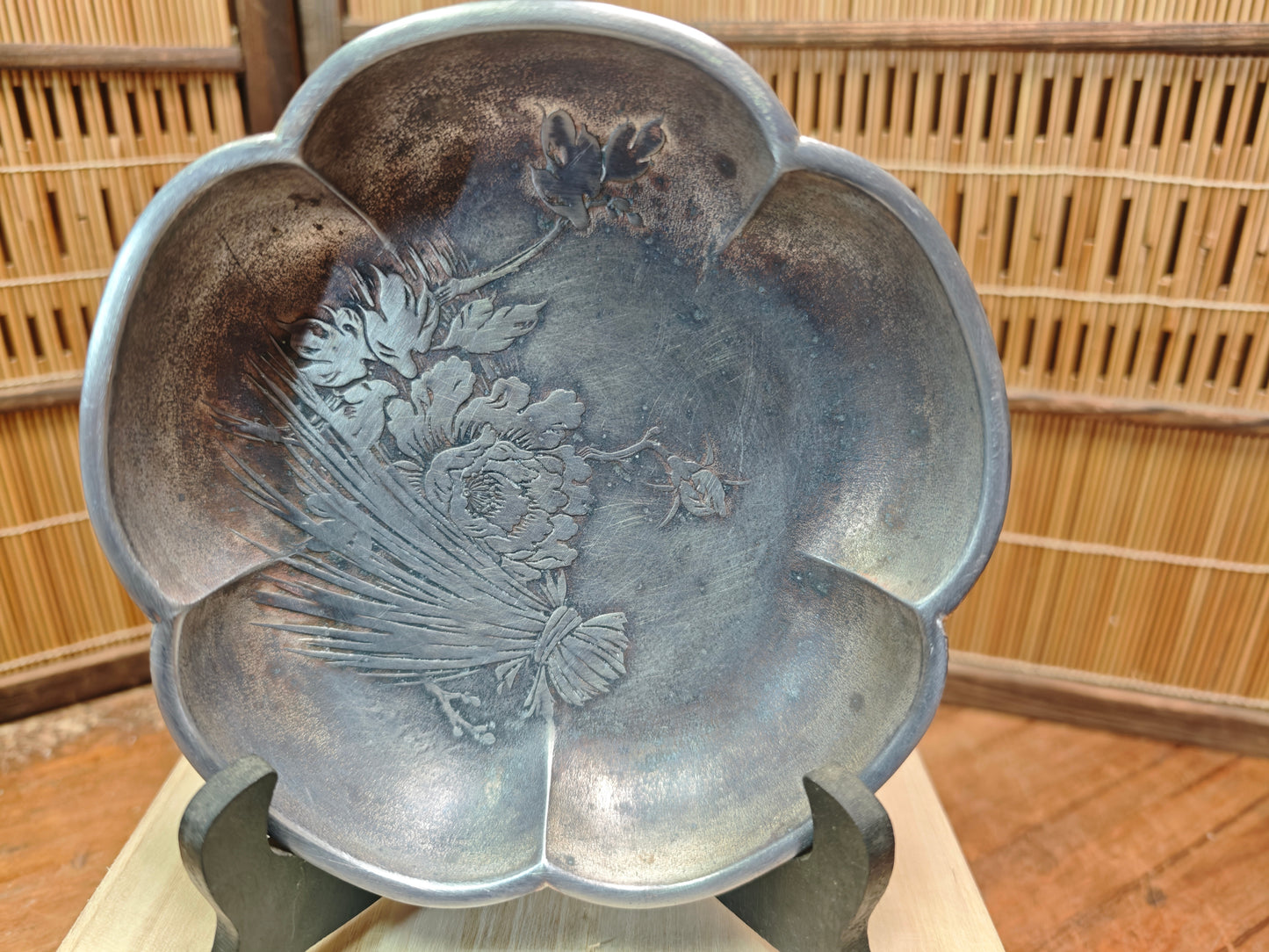 1950s Japanese Nambu Iwachu Pewter Dish Wooden Box Floral Metal Bowl