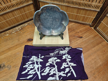 1950s Japanese Nambu Iwachu Pewter Dish Wooden Box Floral Metal Bowl