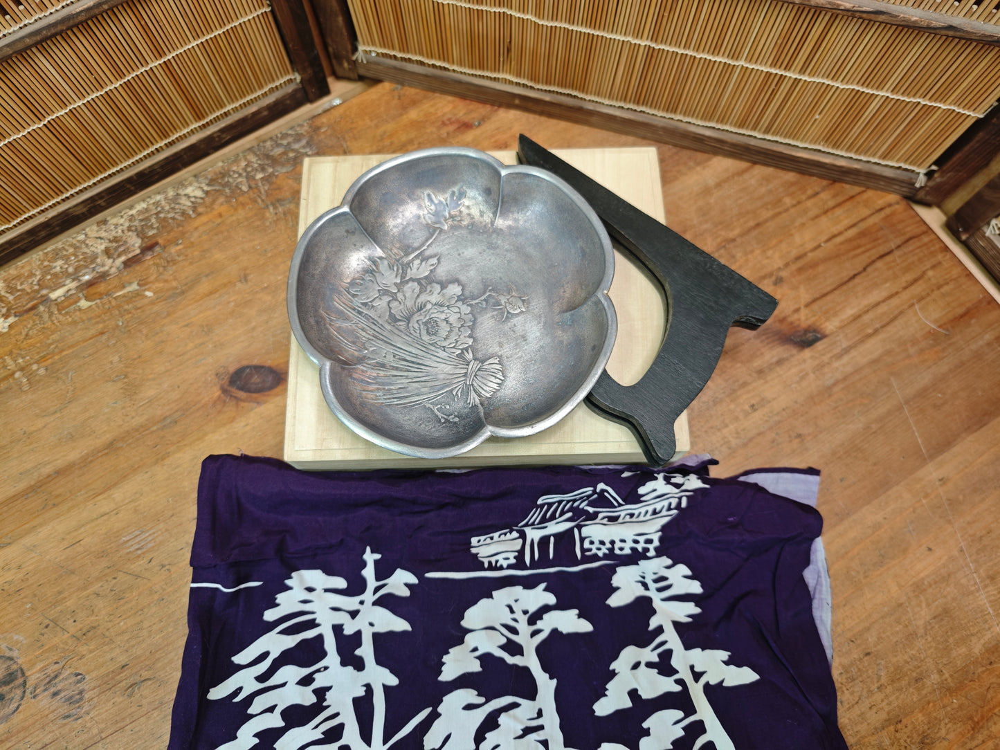 1950s Japanese Nambu Iwachu Pewter Dish Wooden Box Floral Metal Bowl