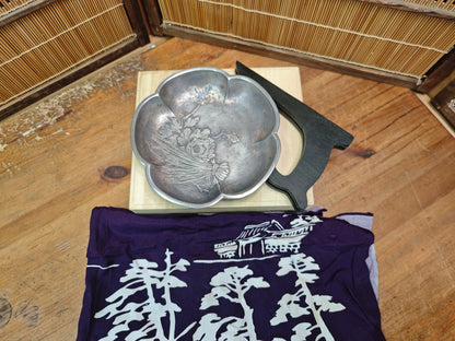 1950s Japanese Nambu Iwachu Pewter Dish Wooden Box Floral Metal Bowl