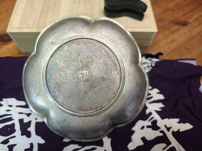 1950s Japanese Nambu Iwachu Pewter Dish Wooden Box Floral Metal Bowl