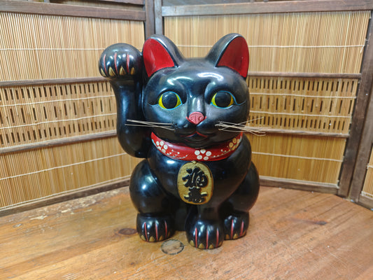 Japanese Vintage 1960s Black Pottery Maneki Neko Lucky Cat Statue Decor