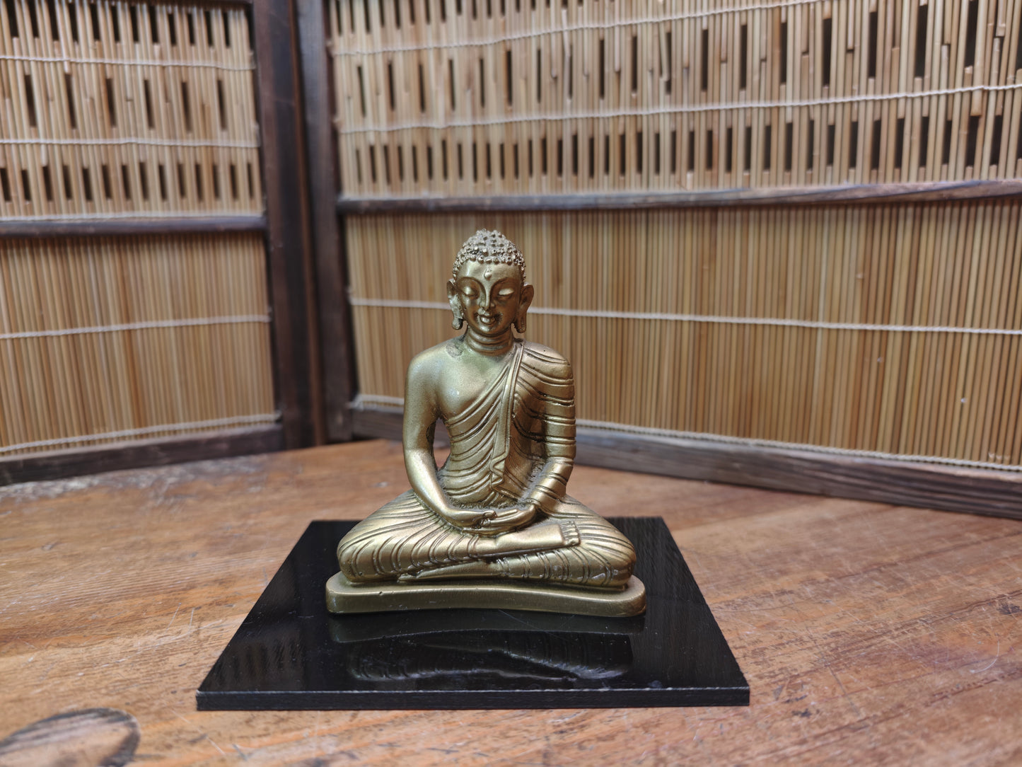 Japanese Vintage 1960s Buddha Statue Ceramic Gilt on Wood Stand Japan