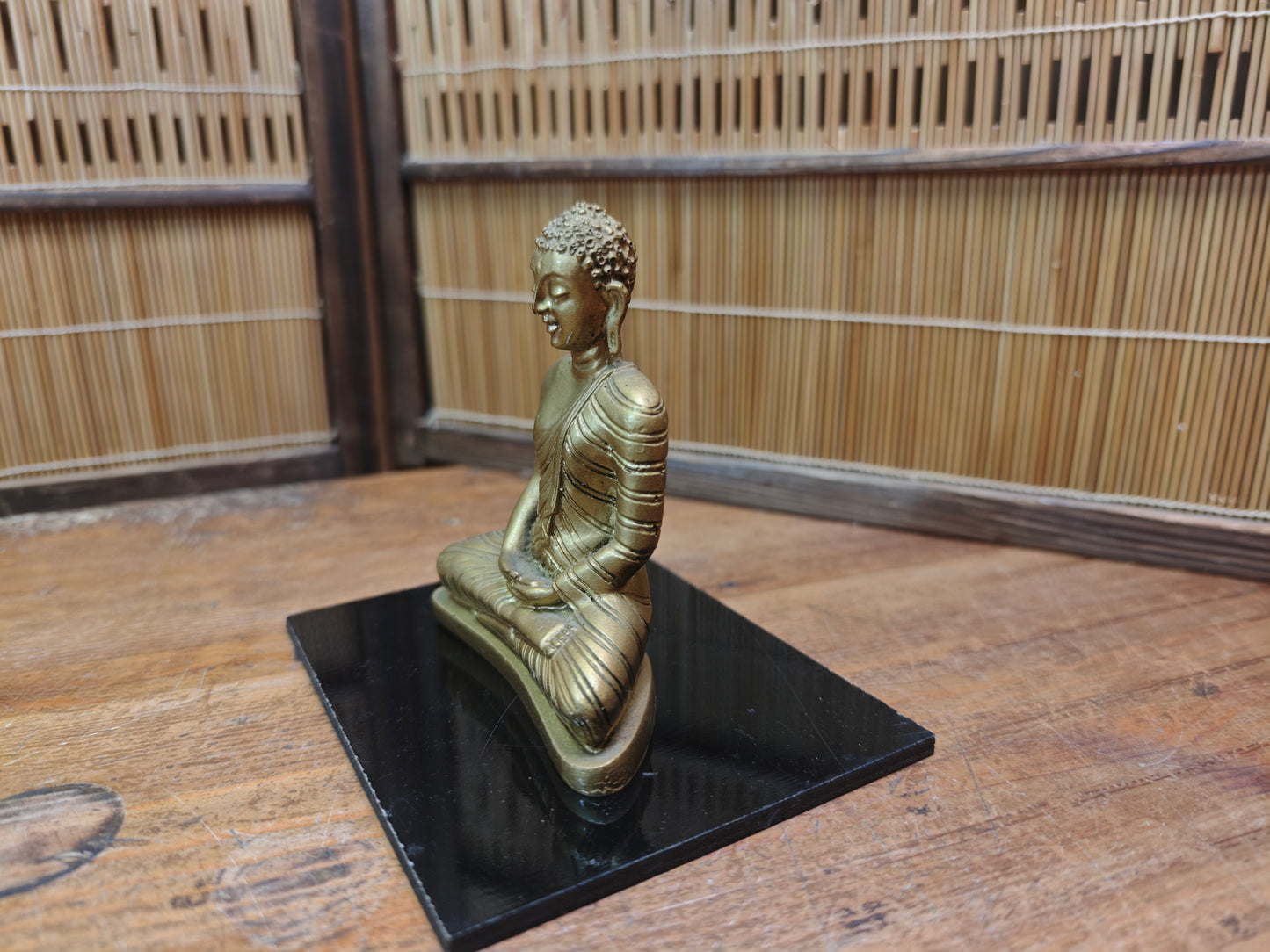 Japanese Vintage 1960s Buddha Statue Ceramic Gilt on Wood Stand Japan