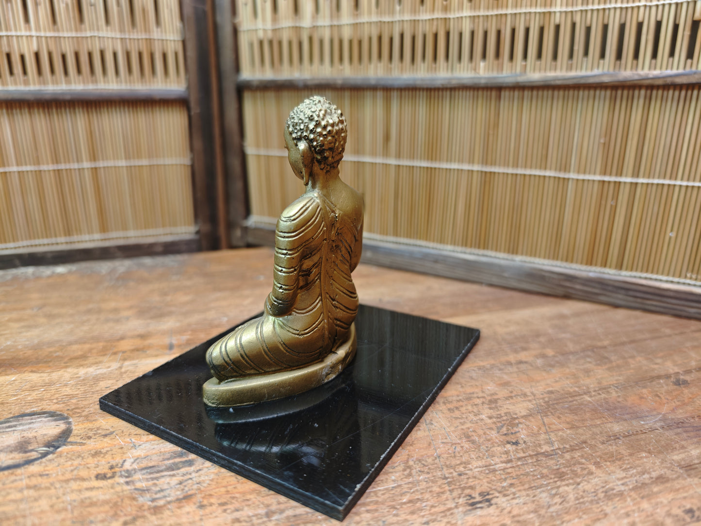 Japanese Vintage 1960s Buddha Statue Ceramic Gilt on Wood Stand Japan