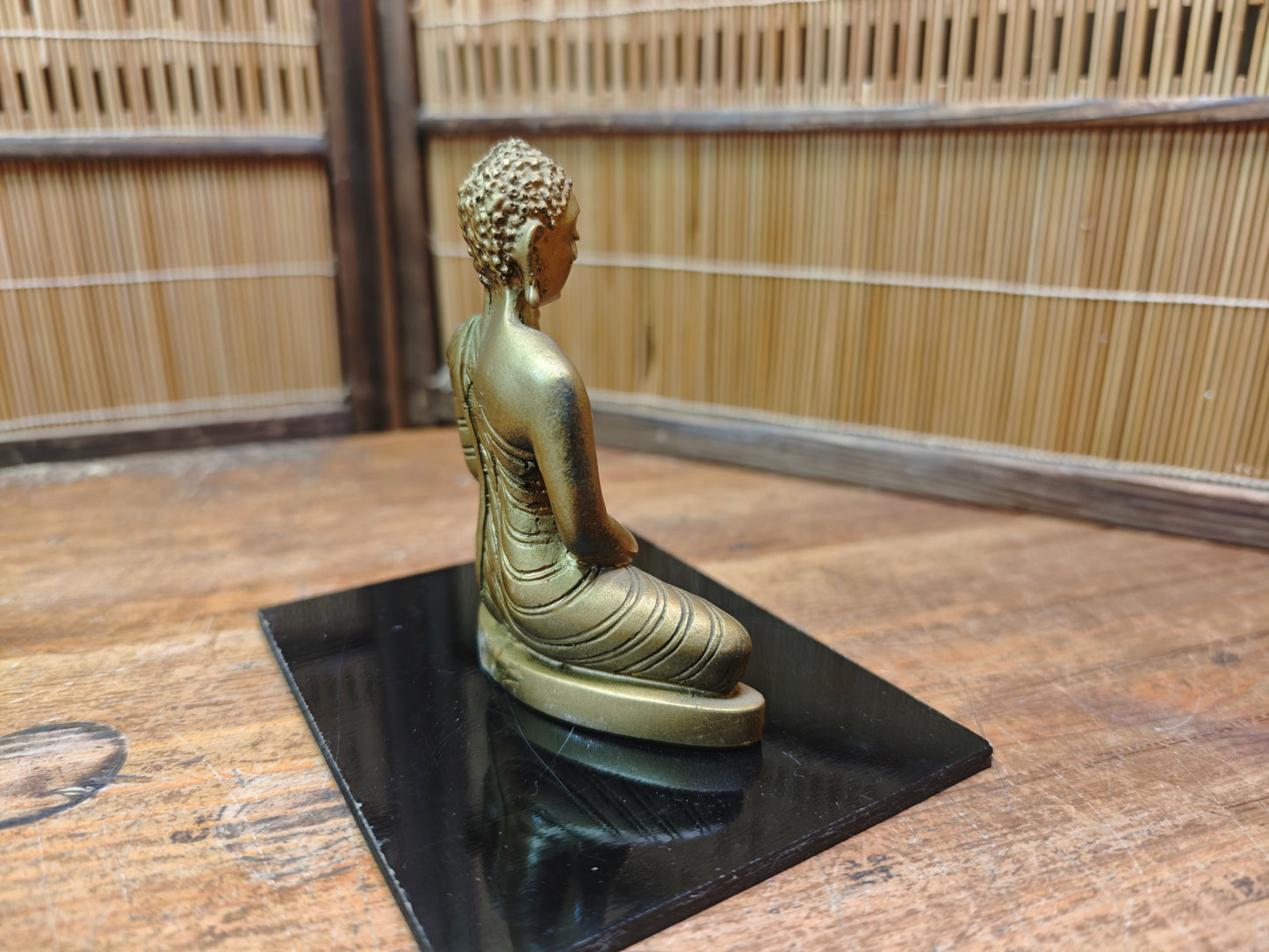 Japanese Vintage 1960s Buddha Statue Ceramic Gilt on Wood Stand Japan