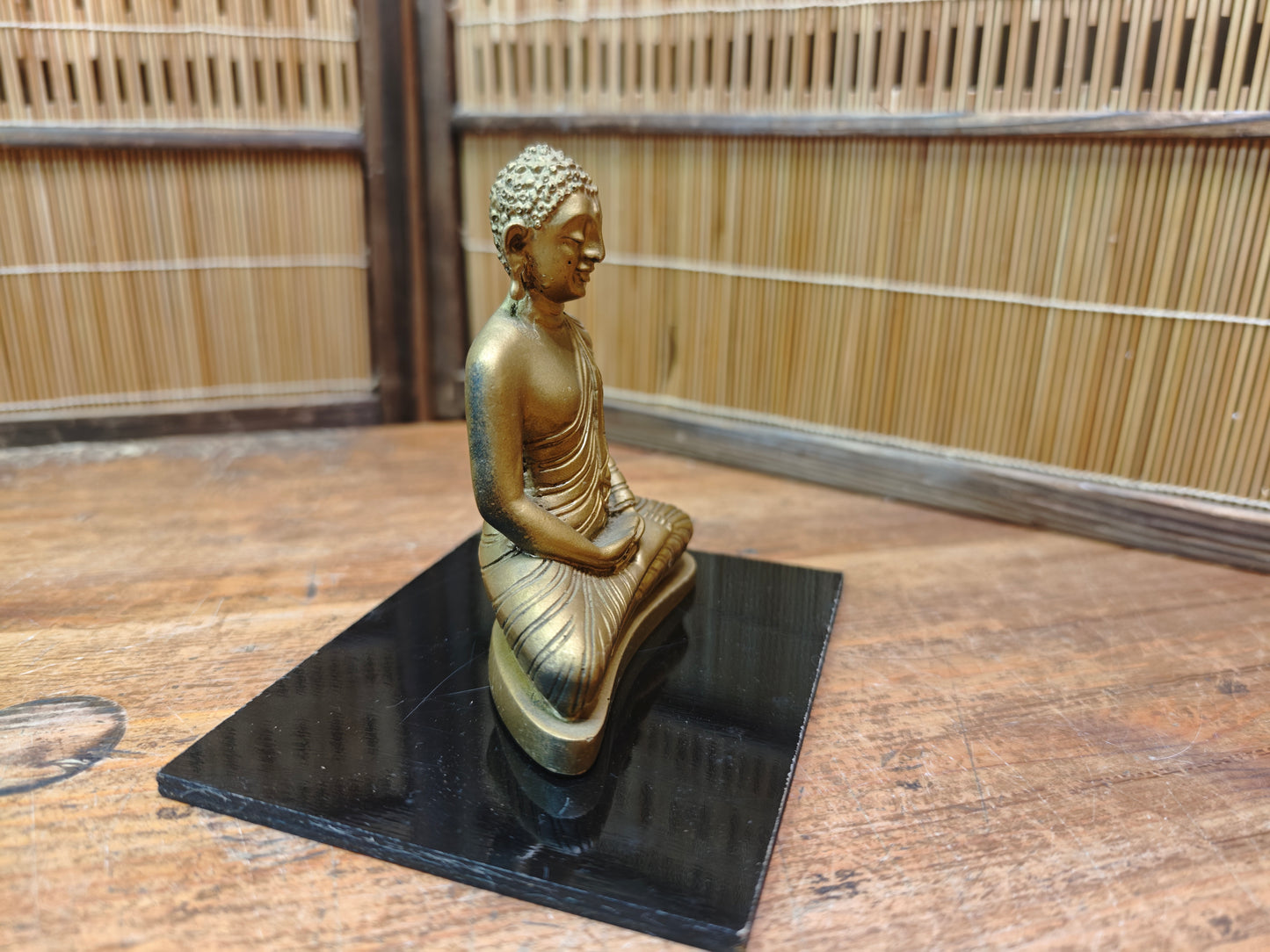 Japanese Vintage 1960s Buddha Statue Ceramic Gilt on Wood Stand Japan
