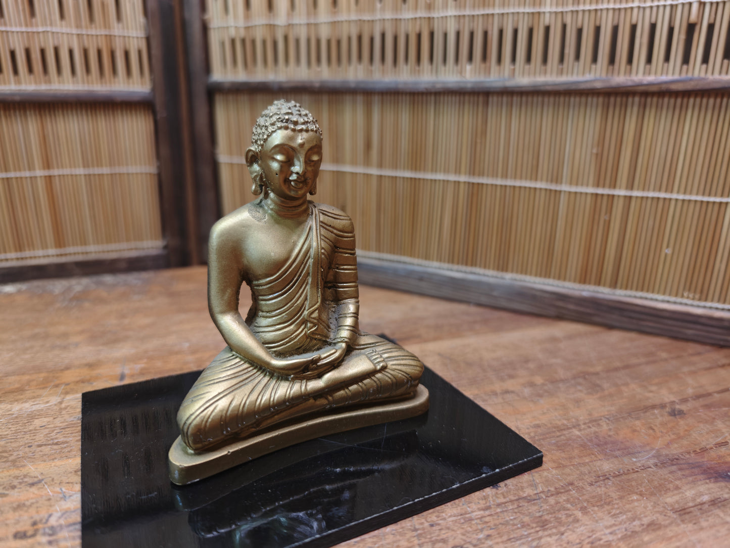 Japanese Vintage 1960s Buddha Statue Ceramic Gilt on Wood Stand Japan