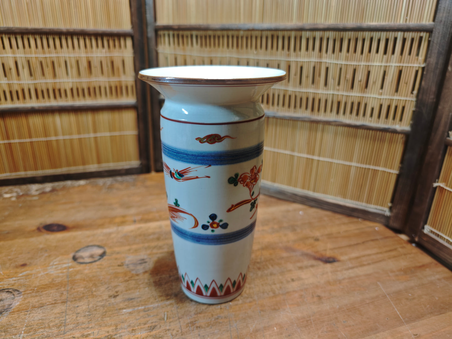 1947 Japanese Vintage Signed Kutani Porcelain Vase Birds Gold Rim