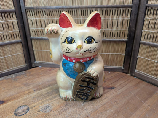 Vintage Japanese Maneki Neko 1960s Lucky Cat Showa Hand Painted Ceramic