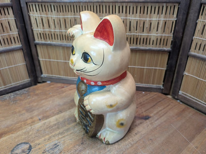 Vintage Japanese Maneki Neko 1960s Lucky Cat Showa Hand Painted Ceramic