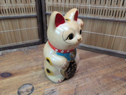 1960s Japanese Maneki Neko Lucky Cat Vintage Ceramic Figurine Japan Art