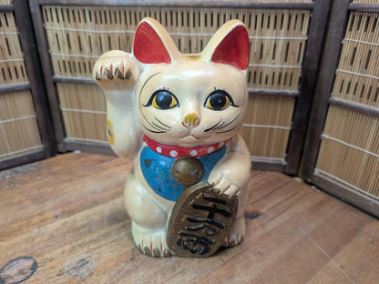Vintage Japanese Maneki Neko 1960s Lucky Cat Showa Hand Painted Ceramic