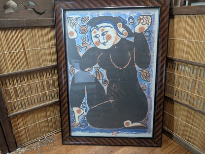 Shiko Munakata 1960s Japanese Woodblock Print Framed Sōsaku Hanga Art
