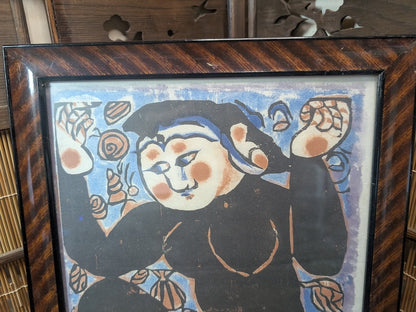 Shiko Munakata 1960s Japanese Woodblock Print Framed Sōsaku Hanga Art