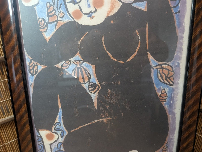 Shiko Munakata 1960s Japanese Woodblock Print Framed Sōsaku Hanga Art