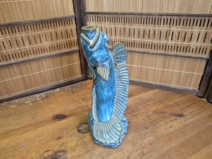 Authentic 1960s Japanese Fish Vase Turquoise Pottery Mid Century Art