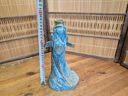 Authentic 1960s Japanese Fish Vase Turquoise Pottery Mid Century Art