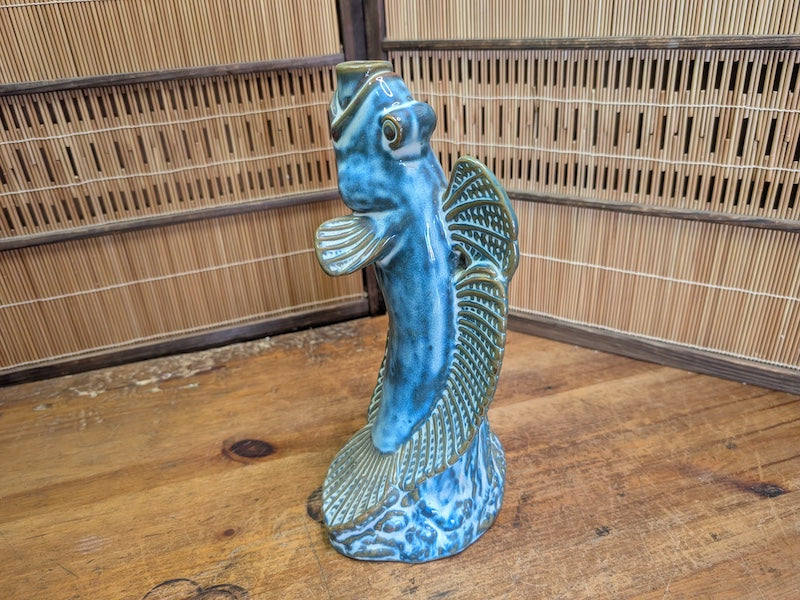 Authentic 1960s Japanese Fish Vase Turquoise Pottery Mid Century Art