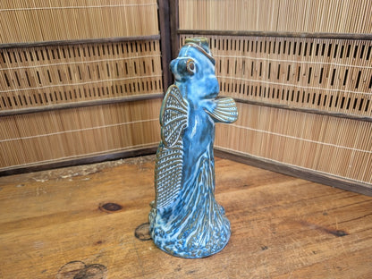 Authentic 1960s Japanese Fish Vase Turquoise Pottery Mid Century Art