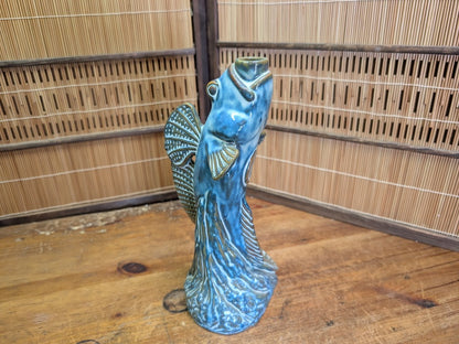 Authentic 1960s Japanese Fish Vase Turquoise Pottery Mid Century Art